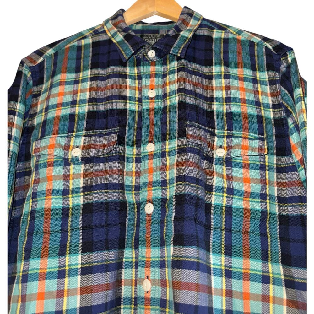 J Crew Plaid Button Down Long Sleeve Shirt Men's Large Flap Pockets Warm Outdoor